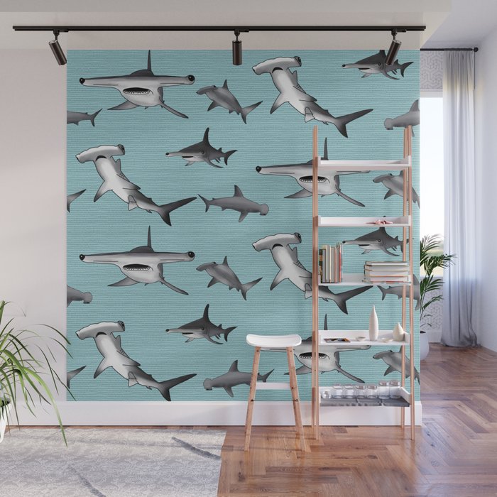 Hammerrhead shark pattern on waterspout blue Wall Mural