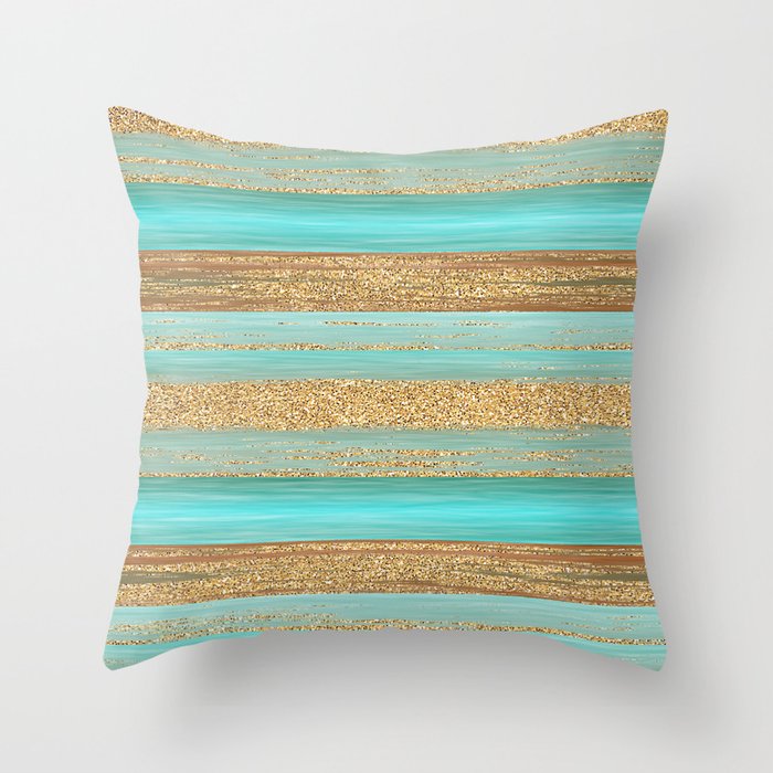 Turquoise Brown Faux Gold Glitter Stripes Pattern Throw Pillow