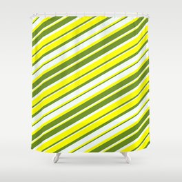 [ Thumbnail: Yellow, Green & Mint Cream Colored Lined Pattern Shower Curtain ]