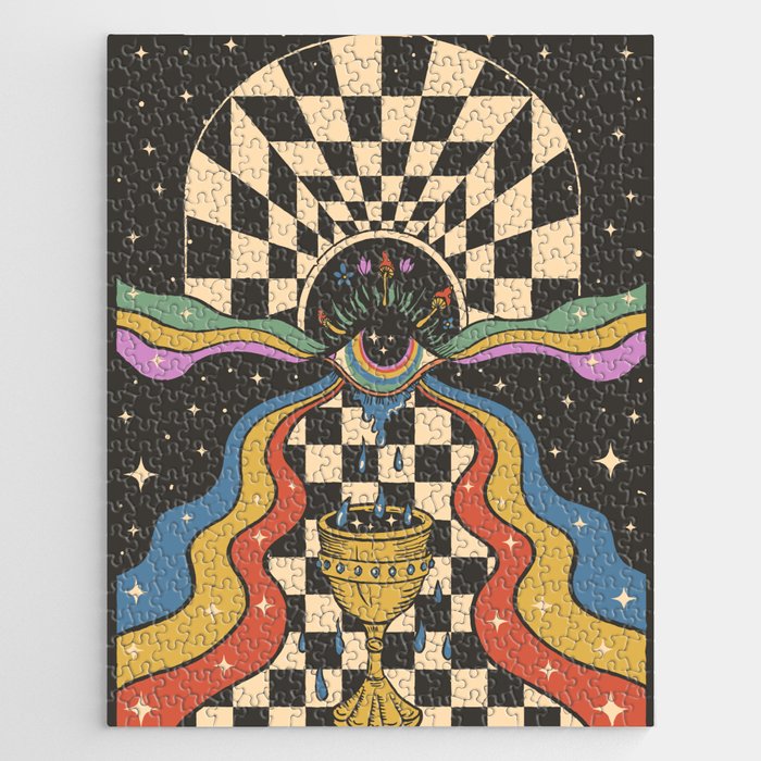 psychedelic illustration with an all-seeing eye and a goblet optical illusion background Jigsaw Puzzle