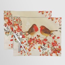 Red Gold Winter Birds Holly Berry Branches Watercolor Placemat