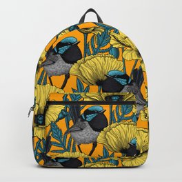 Fairy wren and poppies in yellow Backpack | Curated, Botanical, Drawing, Floral, Art, Wild, Flower, Meadow, Yellow, Bird 