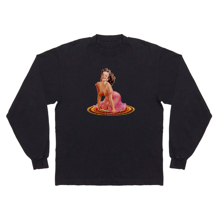Brunette Pin Up With Pink Dress on Colorful Rug Long Sleeve T Shirt