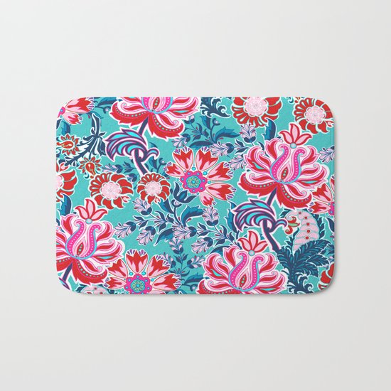 Bohemian Floral Paisley in Turquoise, Red and Pink Bath Mat