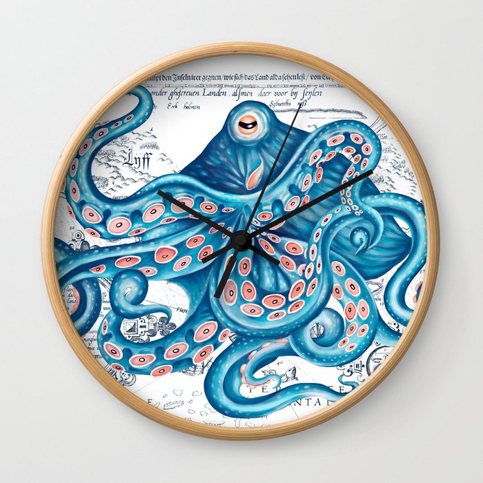 Blue Octopus Bubbles and Vintage Nautical Map  Wall Clock