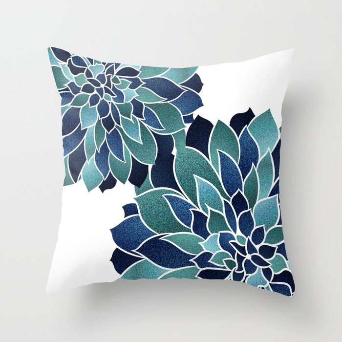 Festive, Floral Prints, Navy Blue and Teal on White Throw Pillow