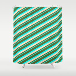 [ Thumbnail: Dark Olive Green, Cyan & Bisque Colored Lined Pattern Shower Curtain ]