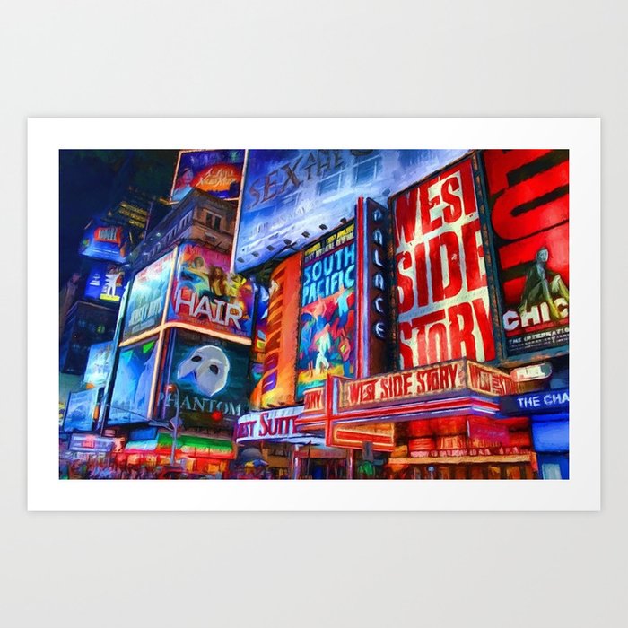 Nights on Broadway; New York City theater show district neon billboards landscape painting  Art Print