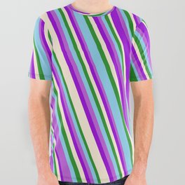 [ Thumbnail: Eye-catching Forest Green, Sky Blue, Orchid, Dark Violet, and Beige Colored Striped/Lined Pattern All Over Graphic Tee ]