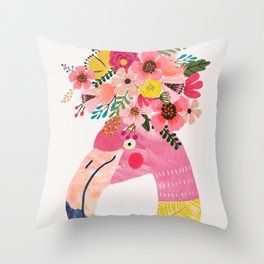 Pink flamingo with flowers on head Throw Pillow