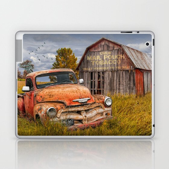 Rusted Pickup Truck in a Rural Landscape by Old Weathered Barn in Michigan Laptop & iPad Skin