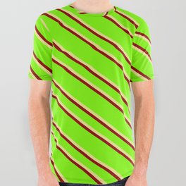 [ Thumbnail: Green, Tan & Dark Red Colored Striped Pattern All Over Graphic Tee ]