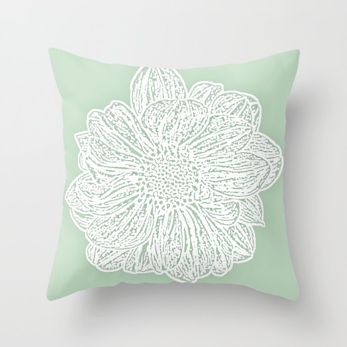 Single White Dahlia Lino Cut Soft Sage Green Throw Pillow