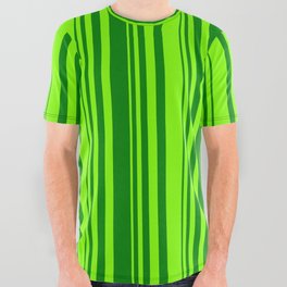 [ Thumbnail: Chartreuse & Green Colored Striped/Lined Pattern All Over Graphic Tee ]