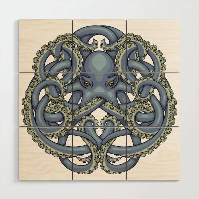 Octopus Emblem Blue Wood Wall Art