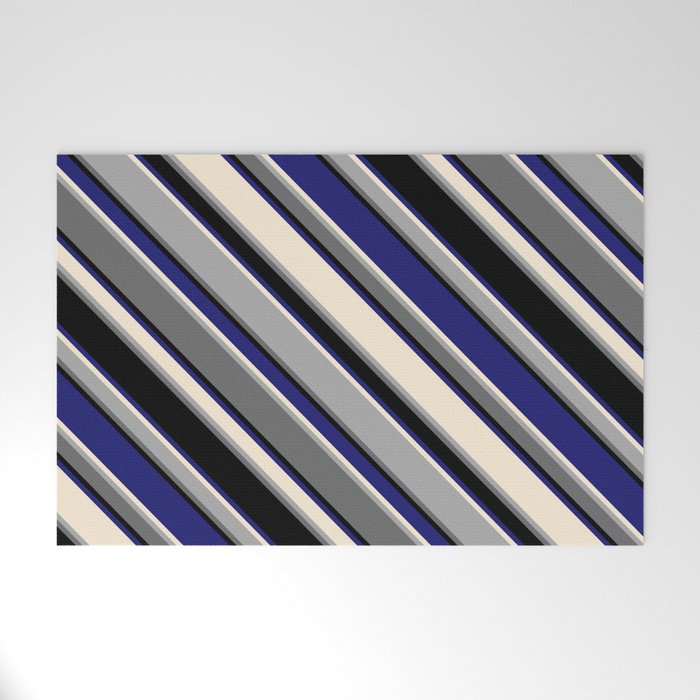 Eye-catching Midnight Blue, Beige, Dark Grey, Dim Grey & Black Colored Striped Pattern Welcome Mat