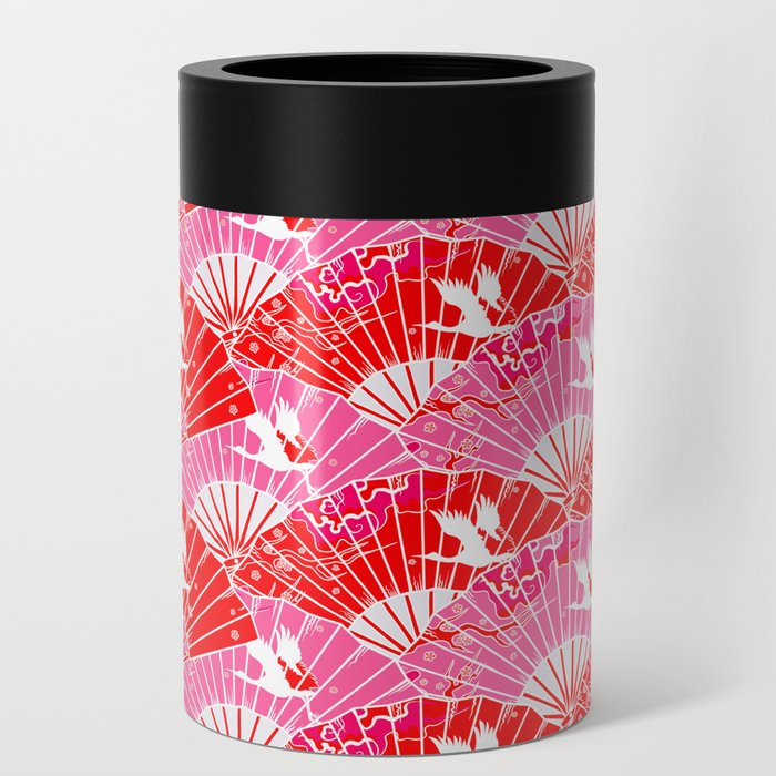 Preppy Room Decor - Pink Red Chinoiserie Fans Pattern Can Cooler