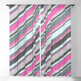 [ Thumbnail: Colorful Light Cyan, Dark Slate Gray, Deep Pink, Grey & Black Colored Lines/Stripes Pattern Sheer Curtain ]