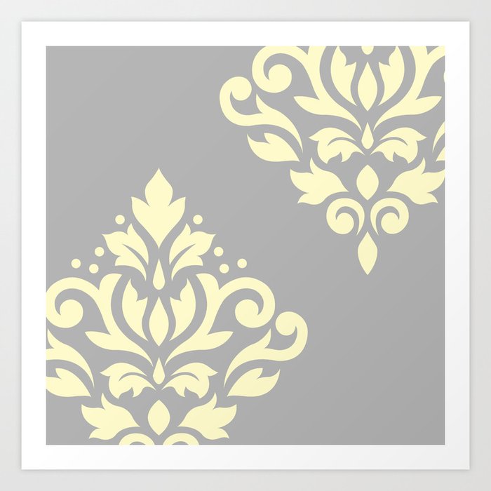 Scroll Damask Art I Yellow On Grey Art Print By Nataliepaskell