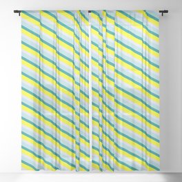 [ Thumbnail: Dark Cyan, Yellow, Lavender, and Powder Blue Colored Striped Pattern Sheer Curtain ]