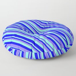 [ Thumbnail: Blue, Medium Slate Blue & Aquamarine Colored Pattern of Stripes Floor Pillow ]