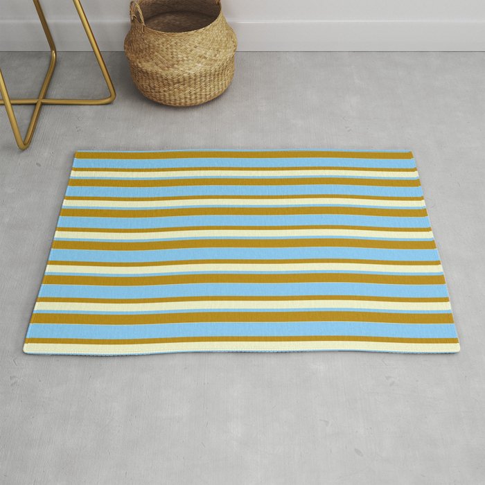 Light Sky Blue, Dark Goldenrod, and Light Yellow Colored Lined/Striped Pattern Rug