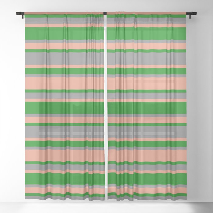 Grey, Dark Salmon & Green Colored Lines Pattern Sheer Curtain