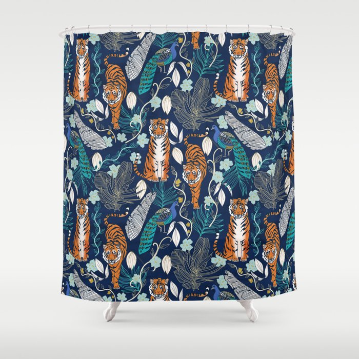 Tiger Toile on Navy Shower Curtain