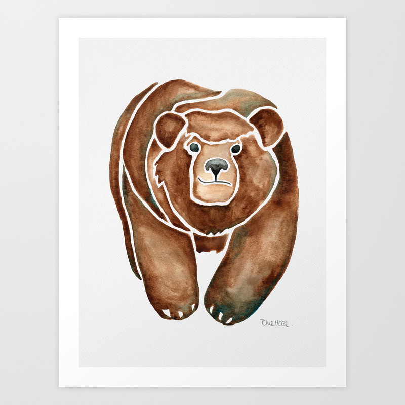 Grizzly Bear Woodland Animal Watercolor Painting Art Print By