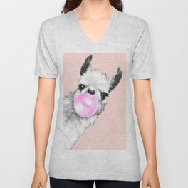 Bubble Gum Black and White Sneaky Llama in Pink V Neck T Shirt