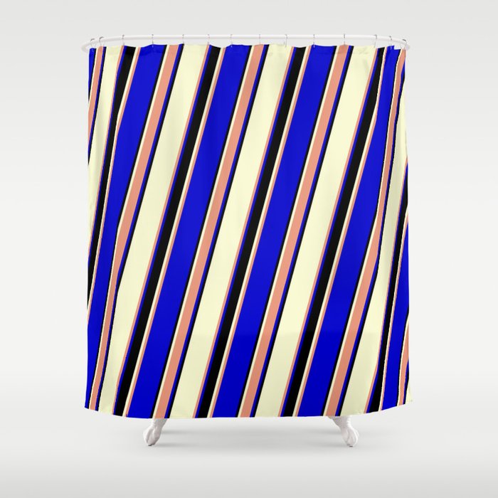 Light Yellow, Dark Salmon, Blue, and Black Colored Striped/Lined Pattern Shower Curtain