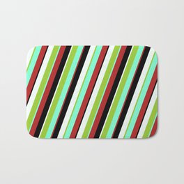 [ Thumbnail: Eyecatching Green, Aquamarine, Red, Black & Mint Cream Colored Stripes/Lines Pattern Bath Mat ]