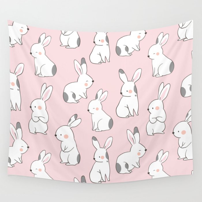 Cute Bunny Rabbits - Pink Wall Tapestry