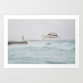 Flight - Minimal Ocean Print - Light House - Beach - Seagull - Sea Photography by Ingrid Beddoes  Art Print