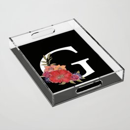 Monogram Letter G with Flowers Black background Acrylic Tray
