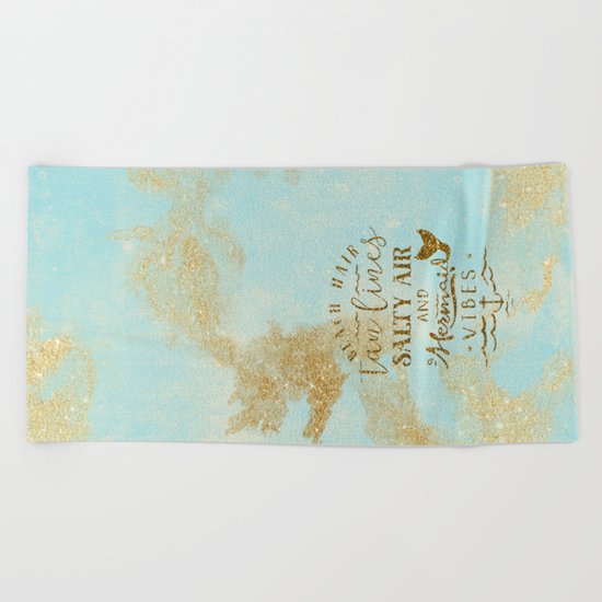 Beach-Mermaid-Mermaid Vibes - Gold glitter lettering on aqua glittering background Beach Towel