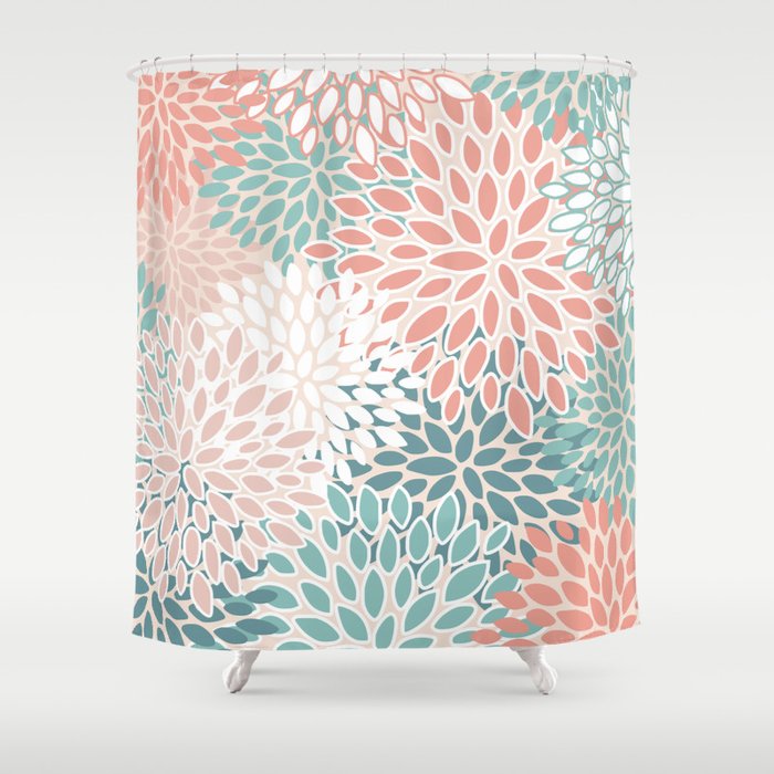 Festive Floral Prints Teal Peach Coral Shower Curtain by Megan