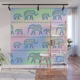 Elephant Family on Pale Stripes Wall Mural