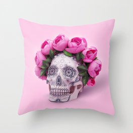 Day of the Dead, a Skull with a wreath of roses on a pink background Throw Pillow