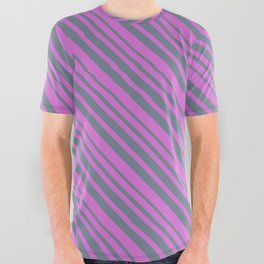 [ Thumbnail: Orchid and Slate Gray Colored Stripes/Lines Pattern All Over Graphic Tee ]