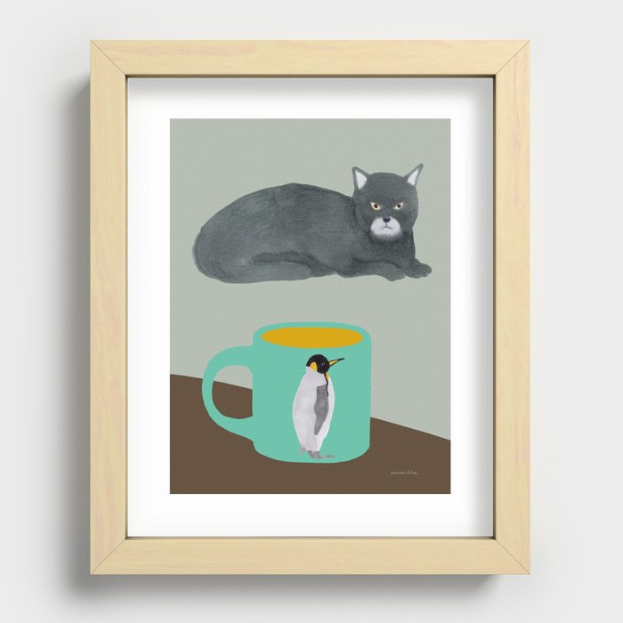 Cat by a Coffee Table - Dark Grey and Sage Recessed Framed Print