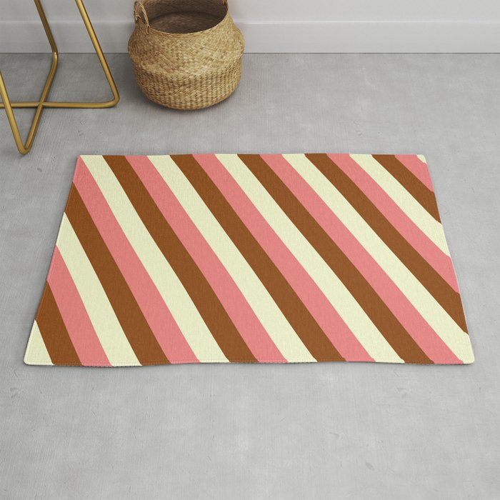 Light Coral, Brown & Light Yellow Colored Lined/Striped Pattern Rug