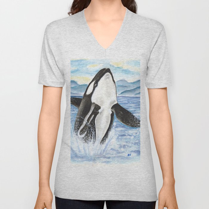 Breaching Orca Whale Watercolor V Neck T Shirt