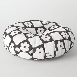 Retro Flower Checker in Black&White Floor Pillow | Floral, Ink, Checkered, Digital, Illustration, White, Vector, Checker, Pattern, Black and White 