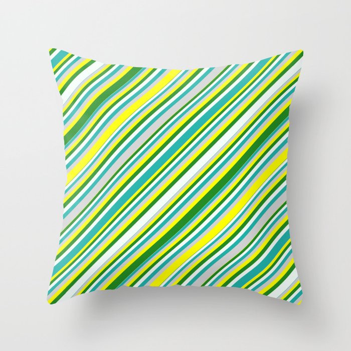 Eyecatching Yellow, Forest Green, Mint Cream, Light Sea Green, and Light Grey Colored Lined Pattern Throw Pillow