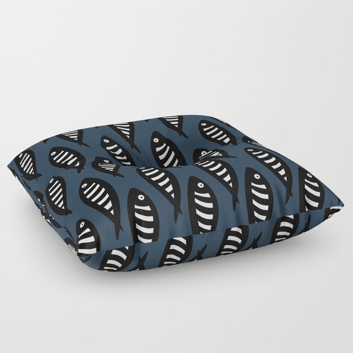 Abstract black and white fish pattern Dark blue Floor Pillow