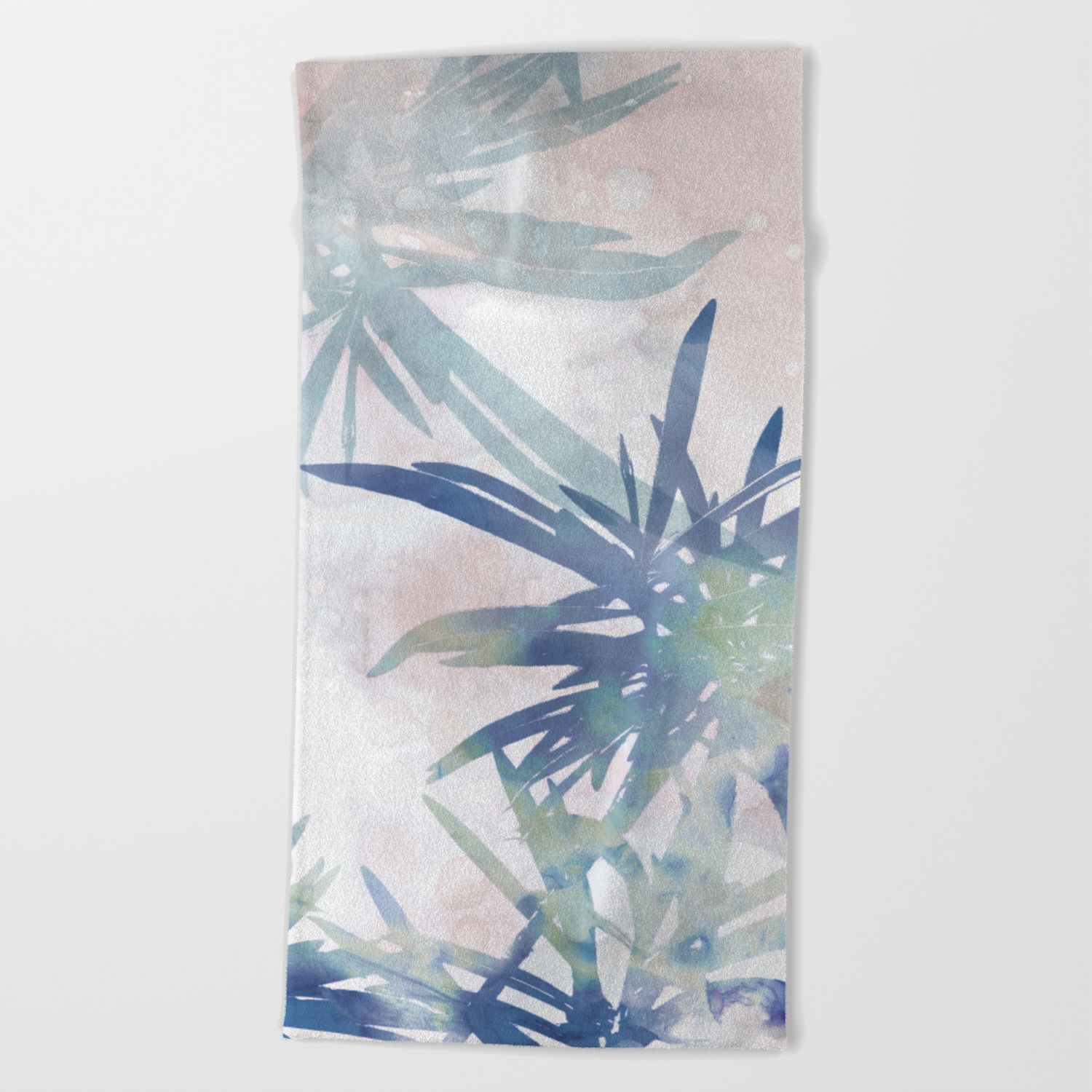 Navy Blue And Blush Pink Palm Leaf Watercolor Painting Beach Towel By Mininst Society6