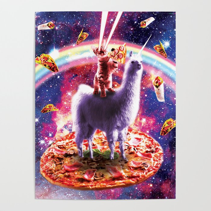 Laser Eyes Outer Space Cat Riding On Llama Unicorn Poster