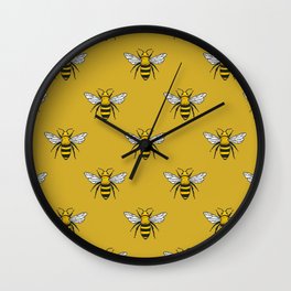 Vintage seamless pattern with yellow bees. Handdrawn design.  Wall Clock