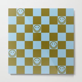 Checkered Smiley Faces \\ Autumn Grass Color & Pastel Blue Metal Print